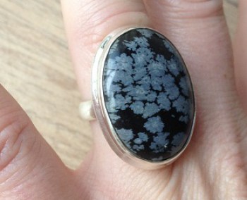 Zilveren edelsteen ring sneeuwvlok Obsidiaan maat 17.3 mm